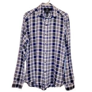 Buttoned Down linen blue plaid slim fit button up shirt Size Med Preppy Classic